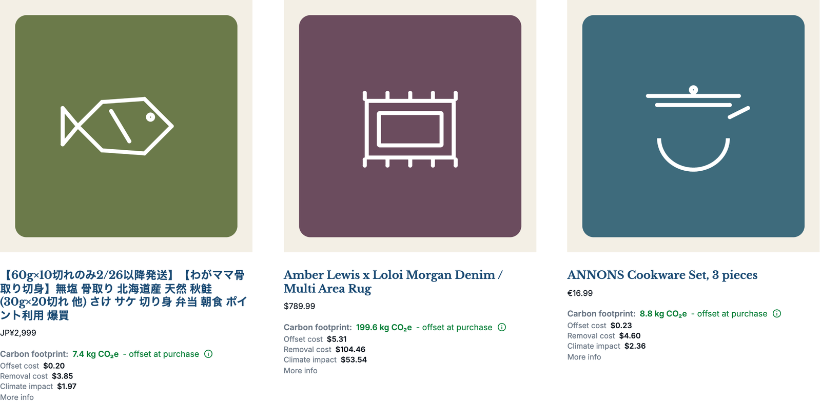 Product listing tiles each showing a carbon footprint, offset at purchase, with offset and removal costs