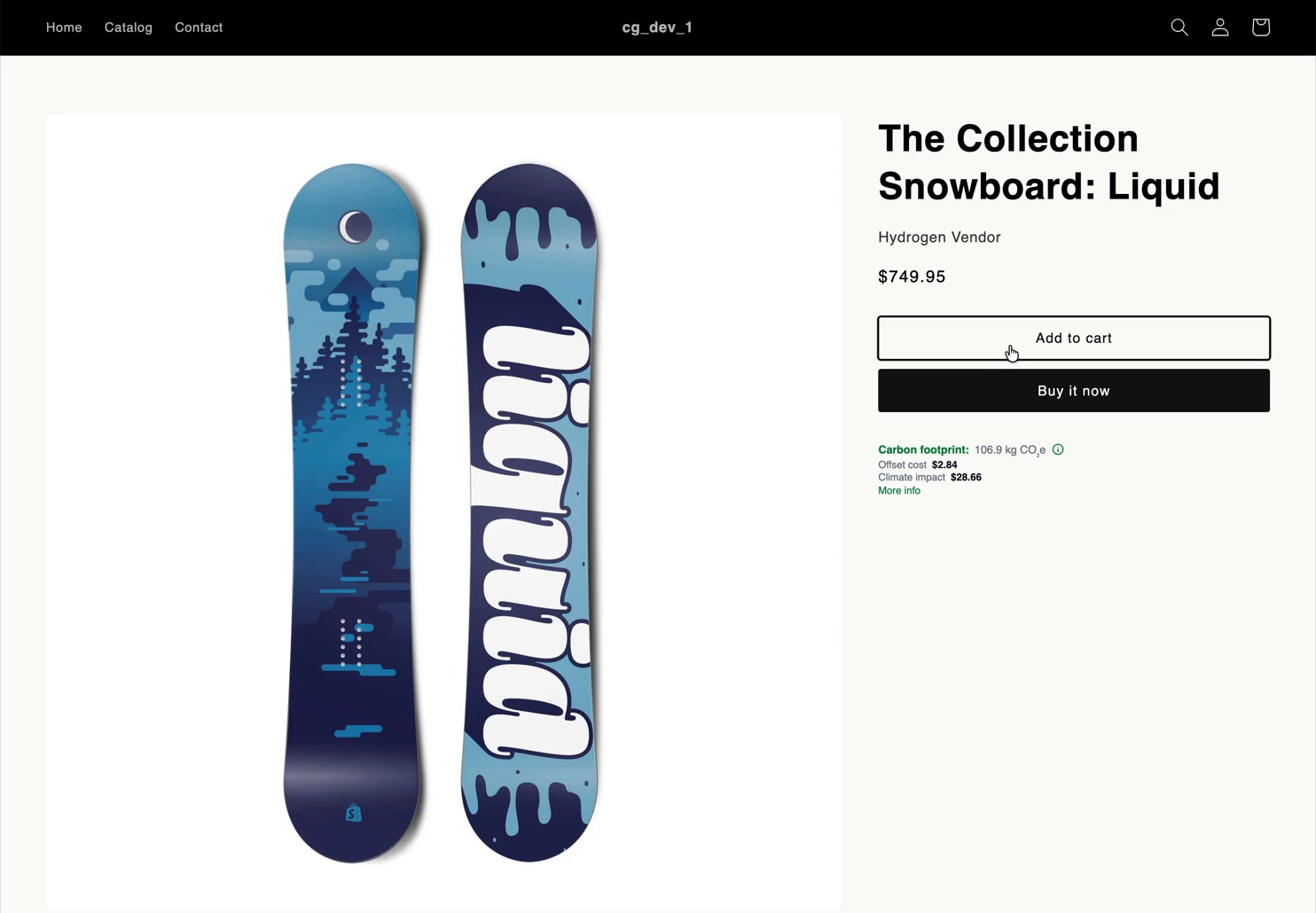 A Shopify product page showing the product’s carbon footprint, offset cost and climate impact under the Add to cart button