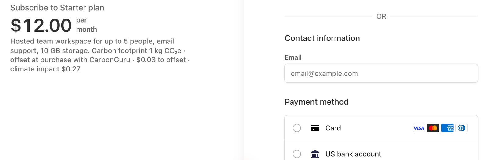Stripe Checkout showing the plan’s carbon footprint, offset at purchase with CarbonGuru, under its description