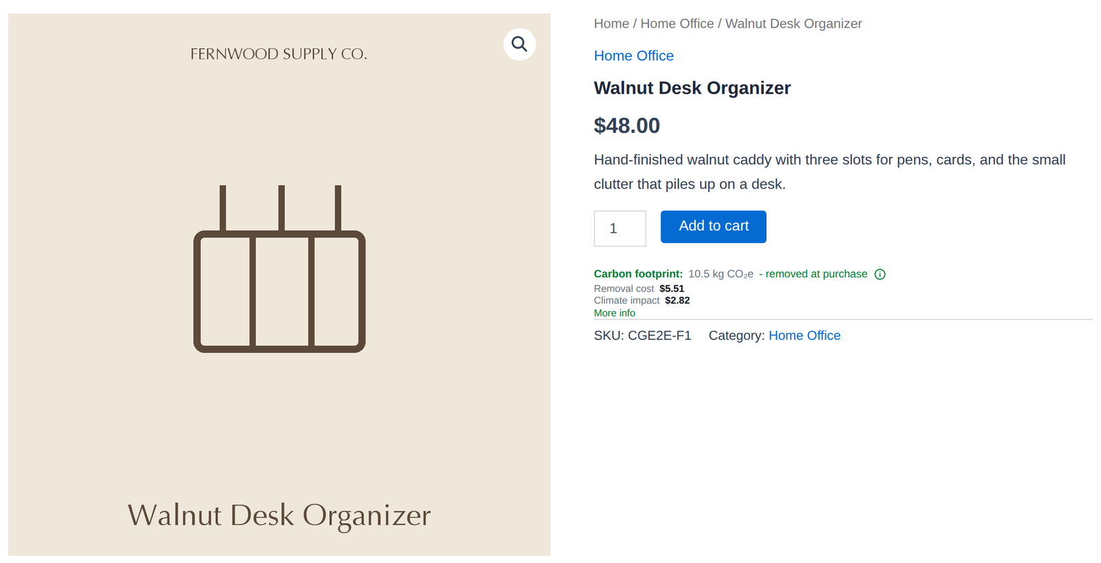 A WooCommerce product page showing the carbon footprint removed at purchase, with its removal cost and climate impact