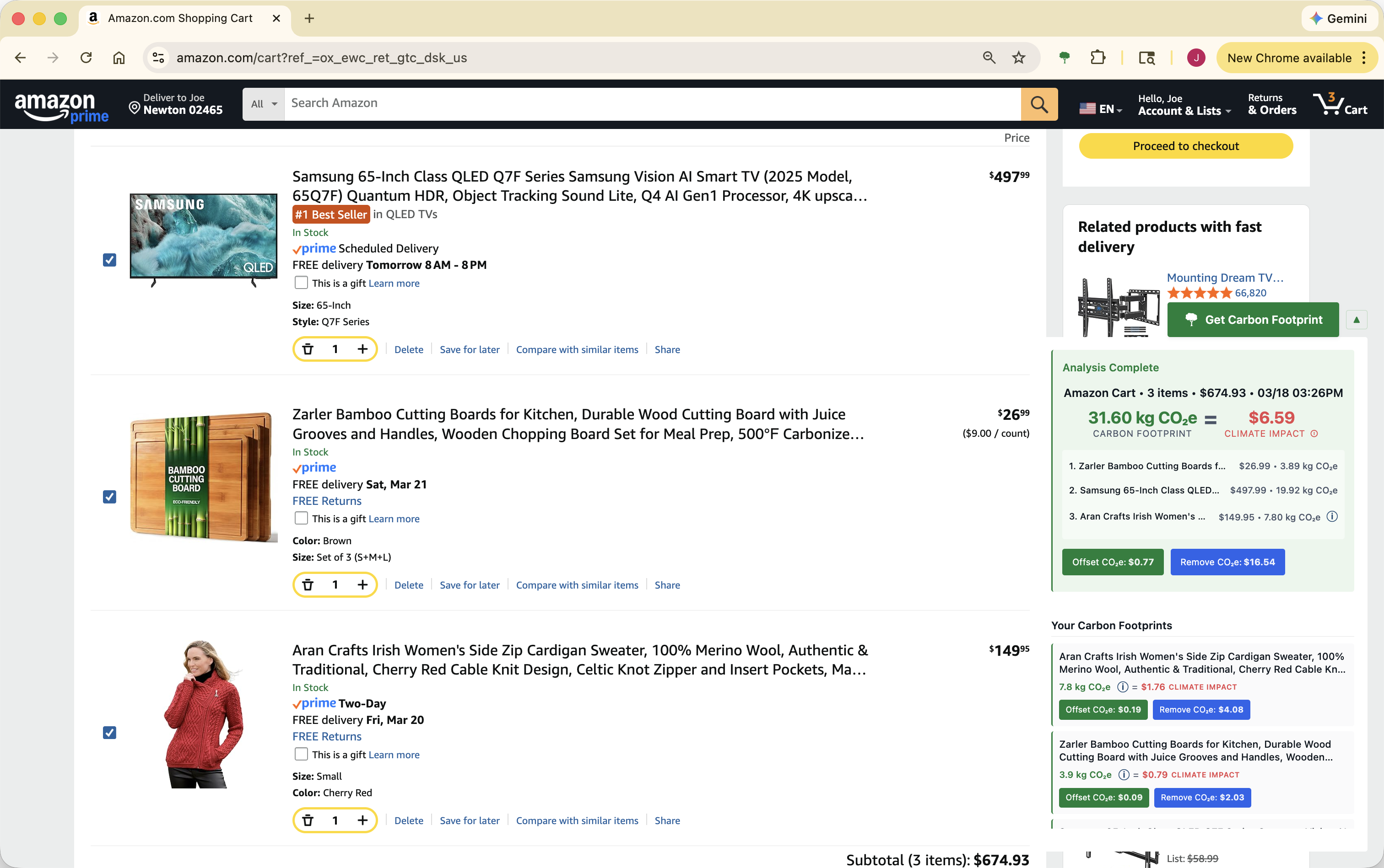 Amazon shopping cart carbon footprint analysis