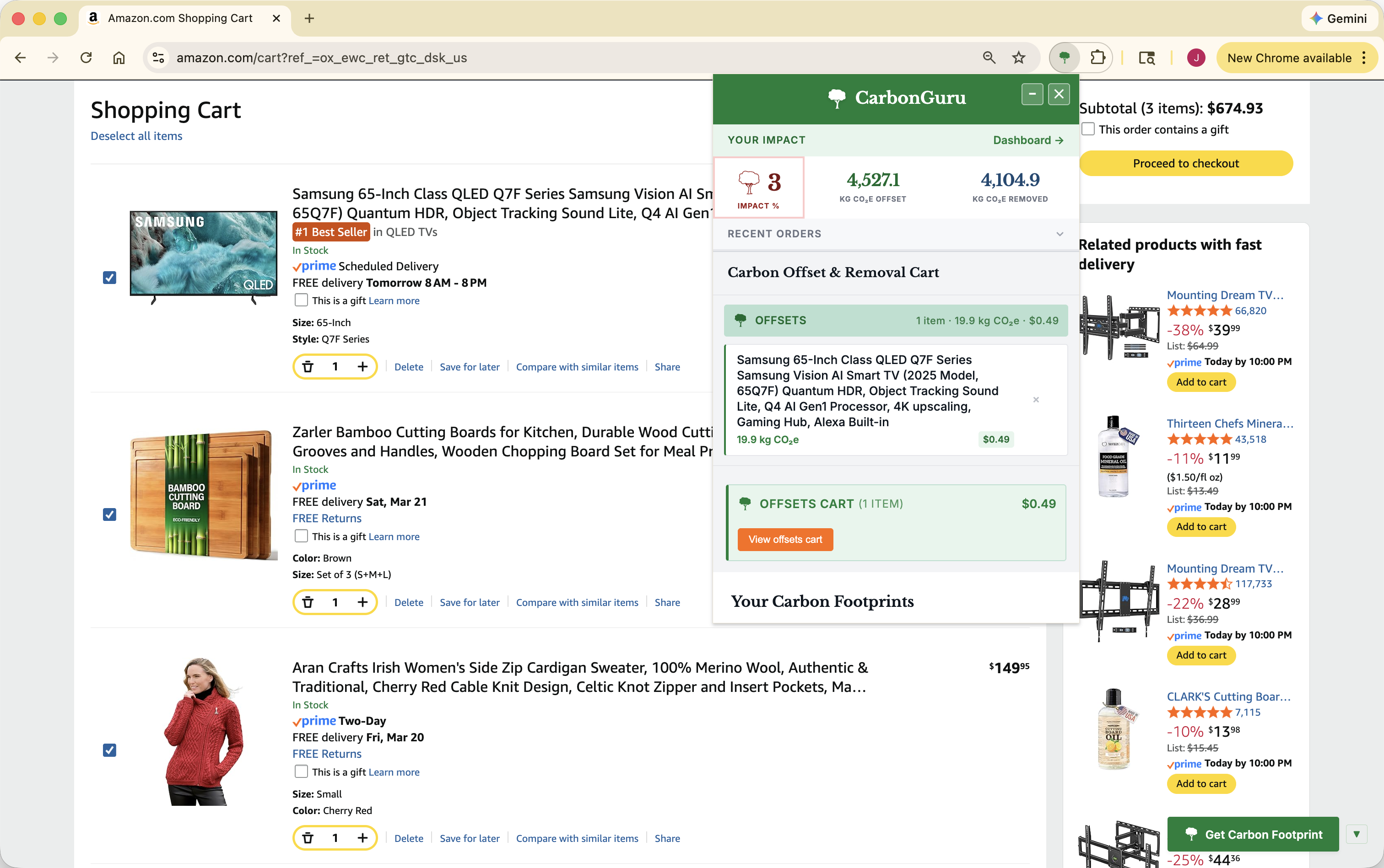 Amazon cart popup with carbon footprint results
