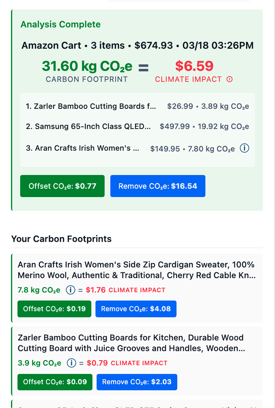 Amazon shopping cart with CarbonGuru carbon footprint and climate impact summary