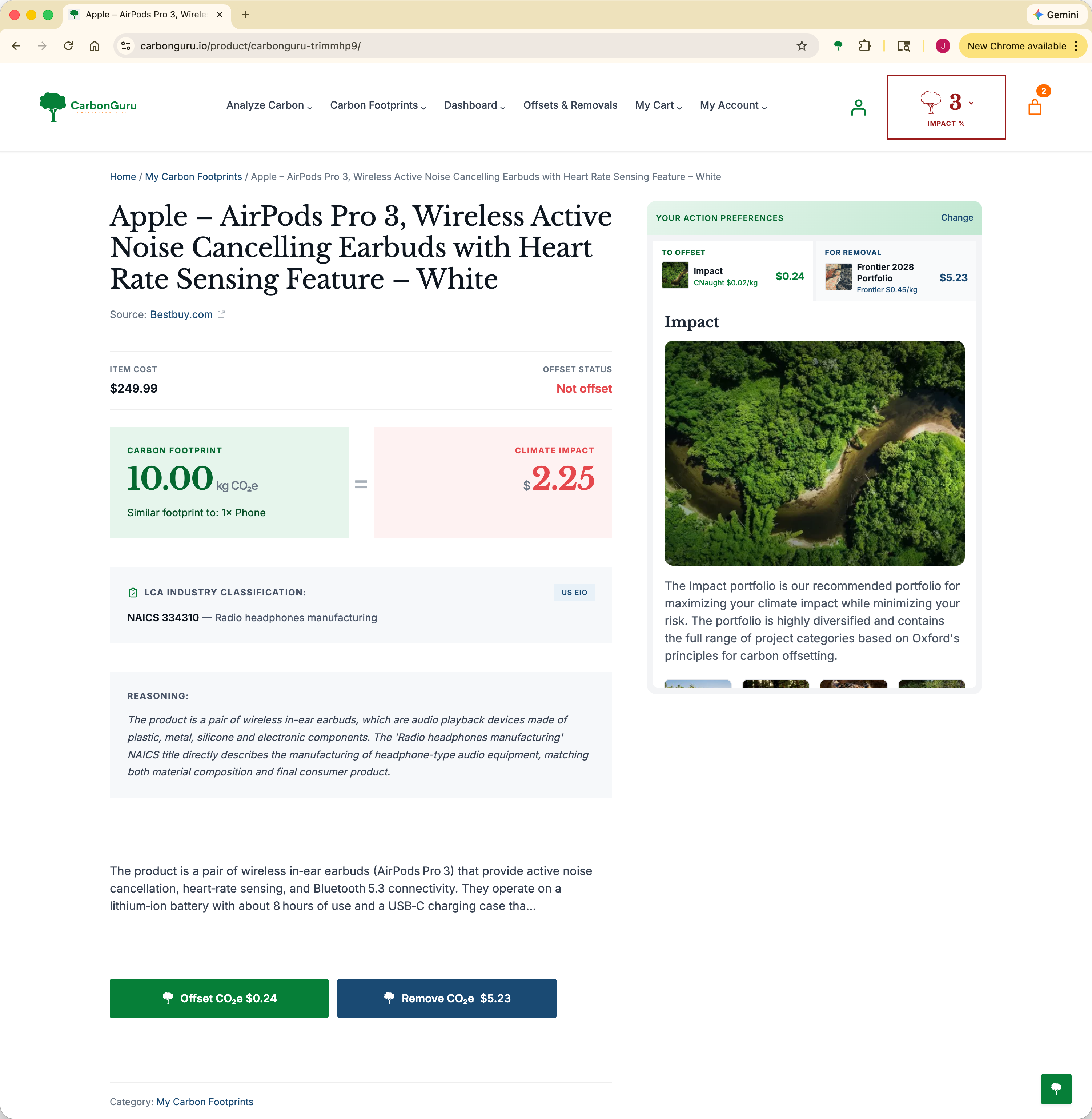 Product carbon footprint with climate impact analysis