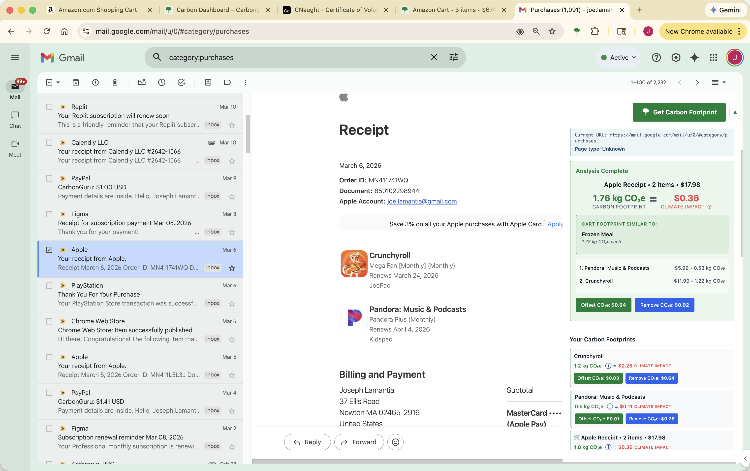 Gmail email receipt with carbon footprint and climate impact