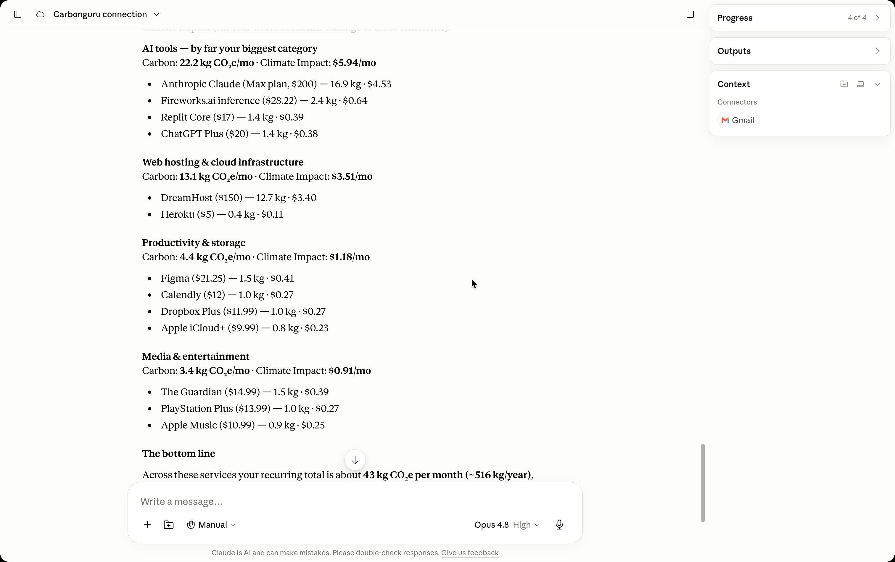 Claude with the CarbonGuru connector breaking down monthly digital-subscription footprints by category