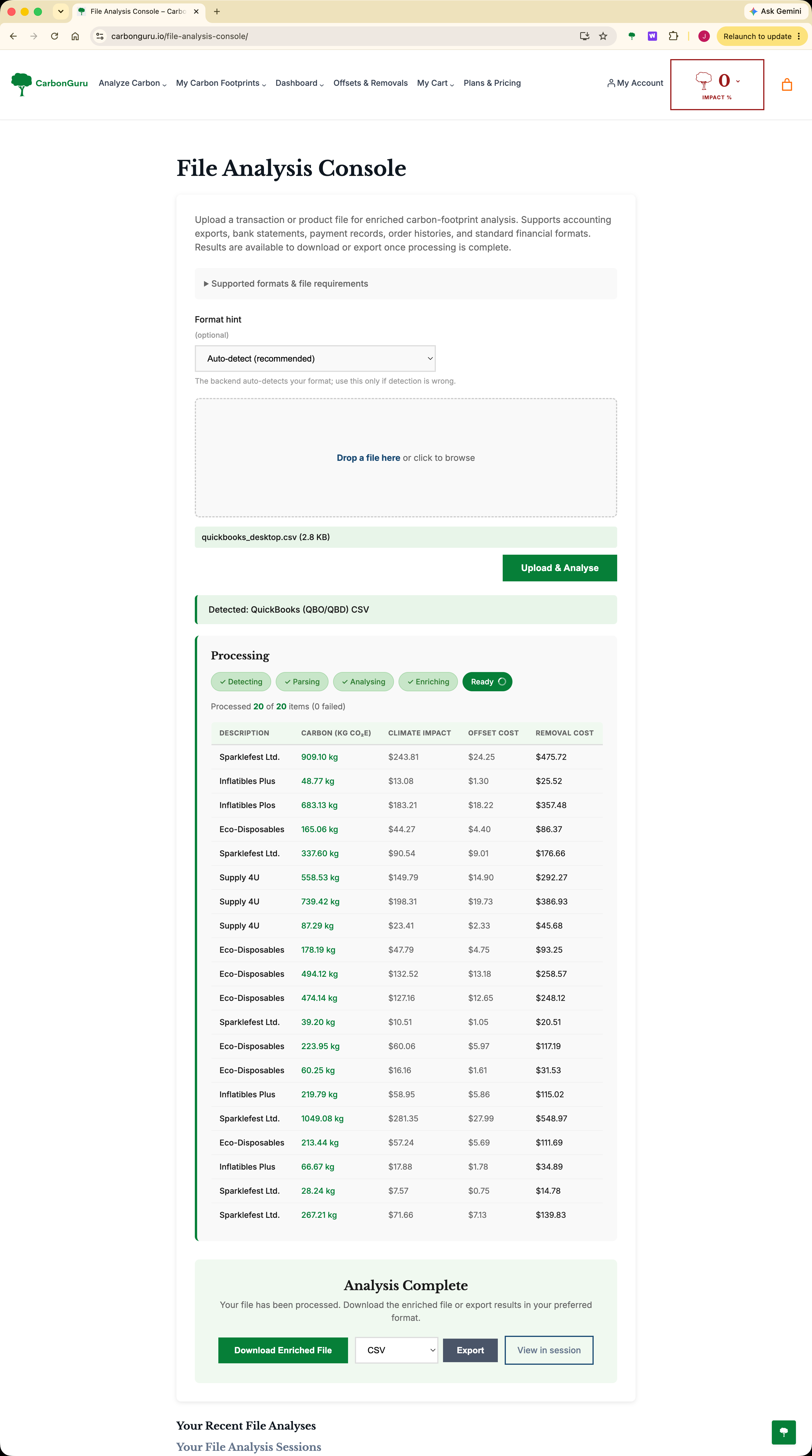 Business Tools: QuickBooks CSV processed into 20 items with carbon footprints, climate impact, offset and removal costs