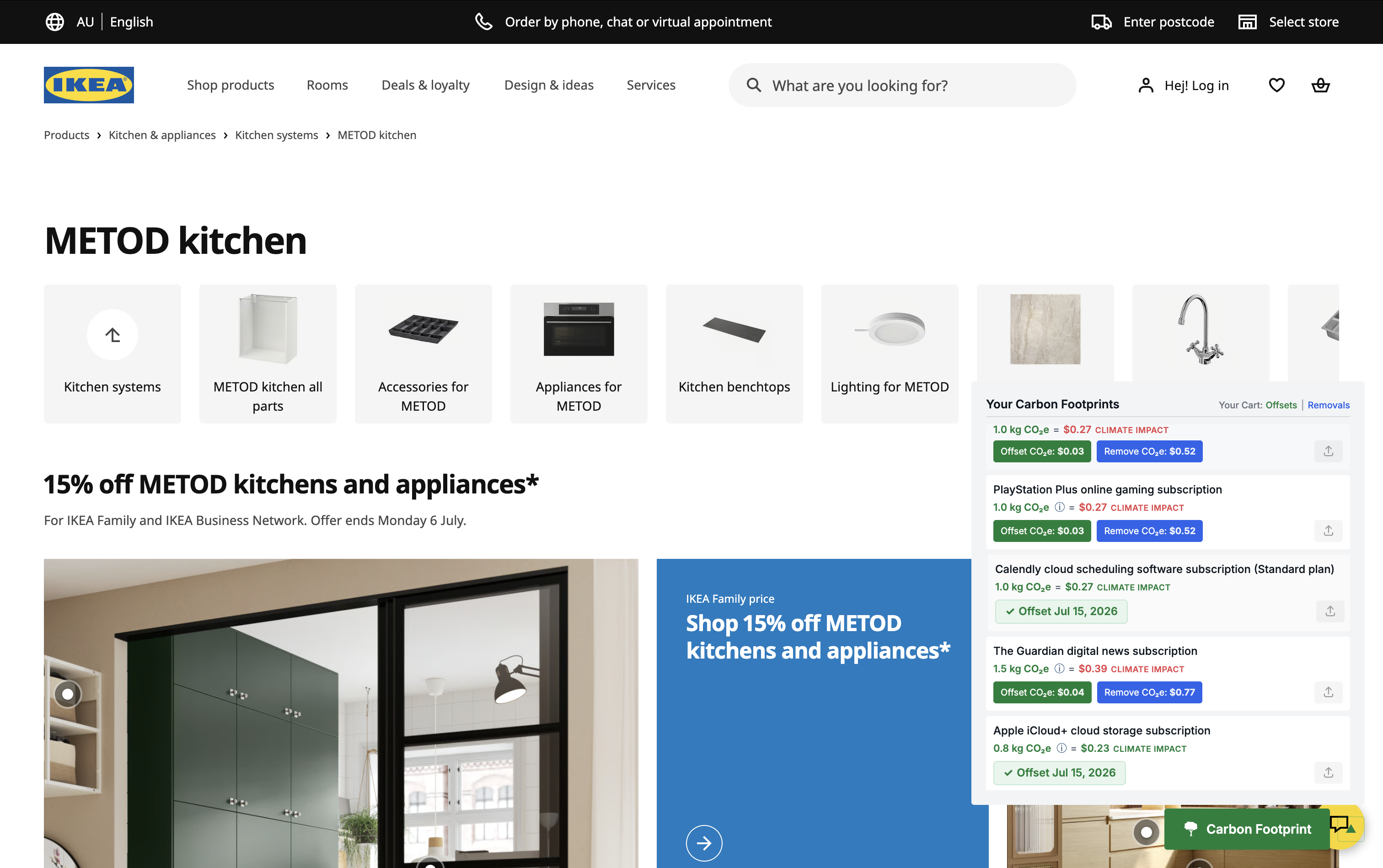 IKEA kitchen catalog page with the CarbonGuru footprints panel showing per-item offsets and removals