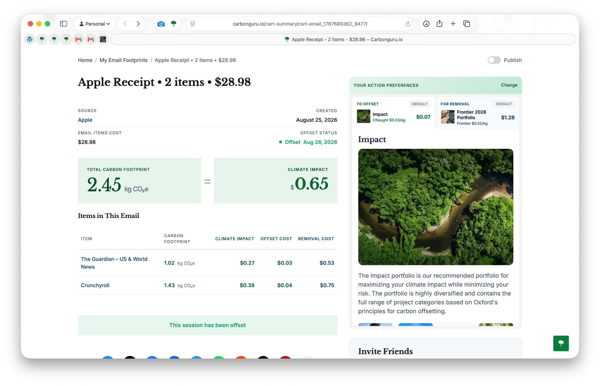 CarbonGuru footprint detail page for the Apple receipt: total 2.45 kg CO2e and <img loading=