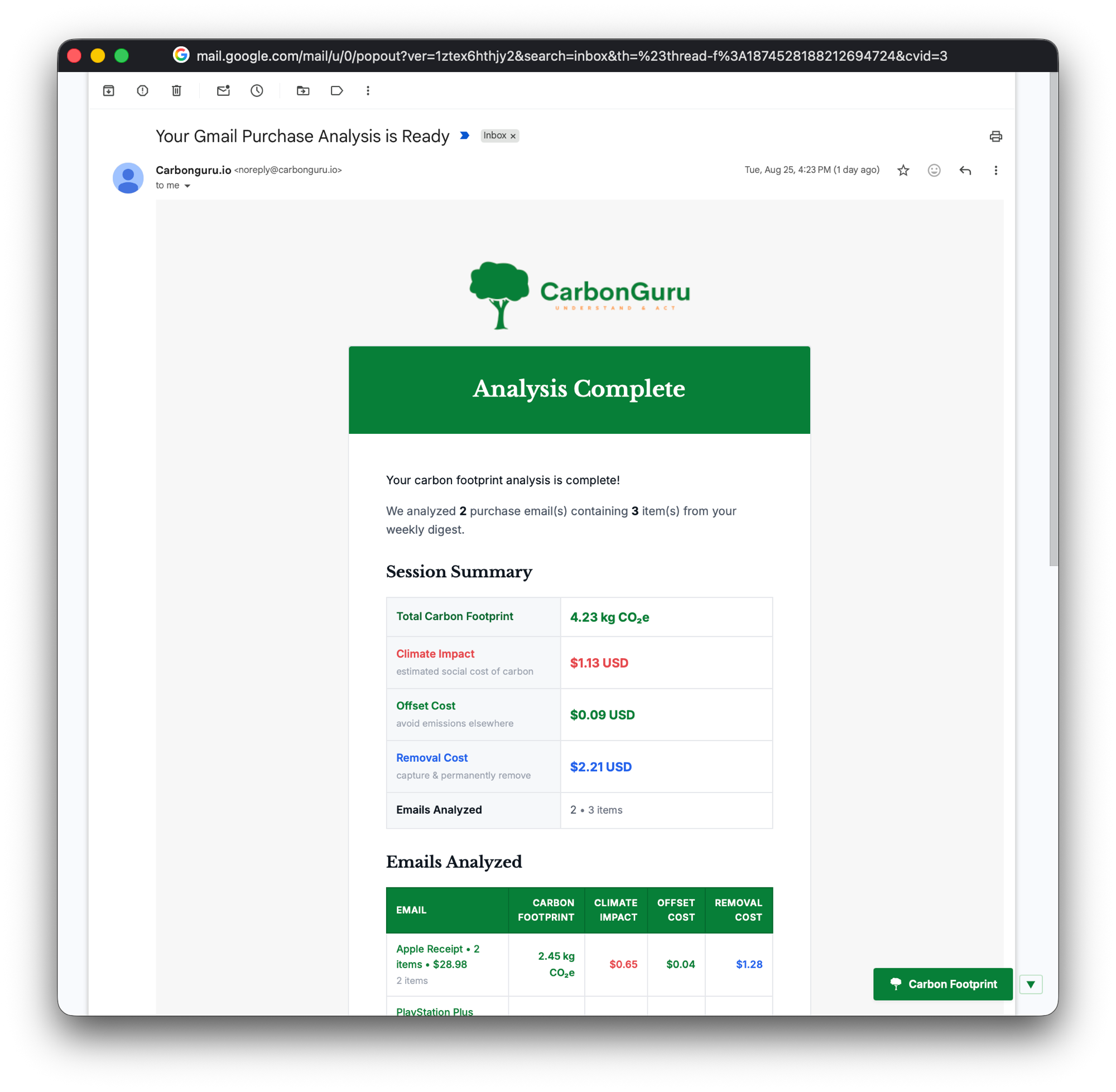 CarbonGuru analysis-complete email showing a session summary: total carbon footprint 4.23 kg CO2e, climate impact .13, offset cost <img decoding=
