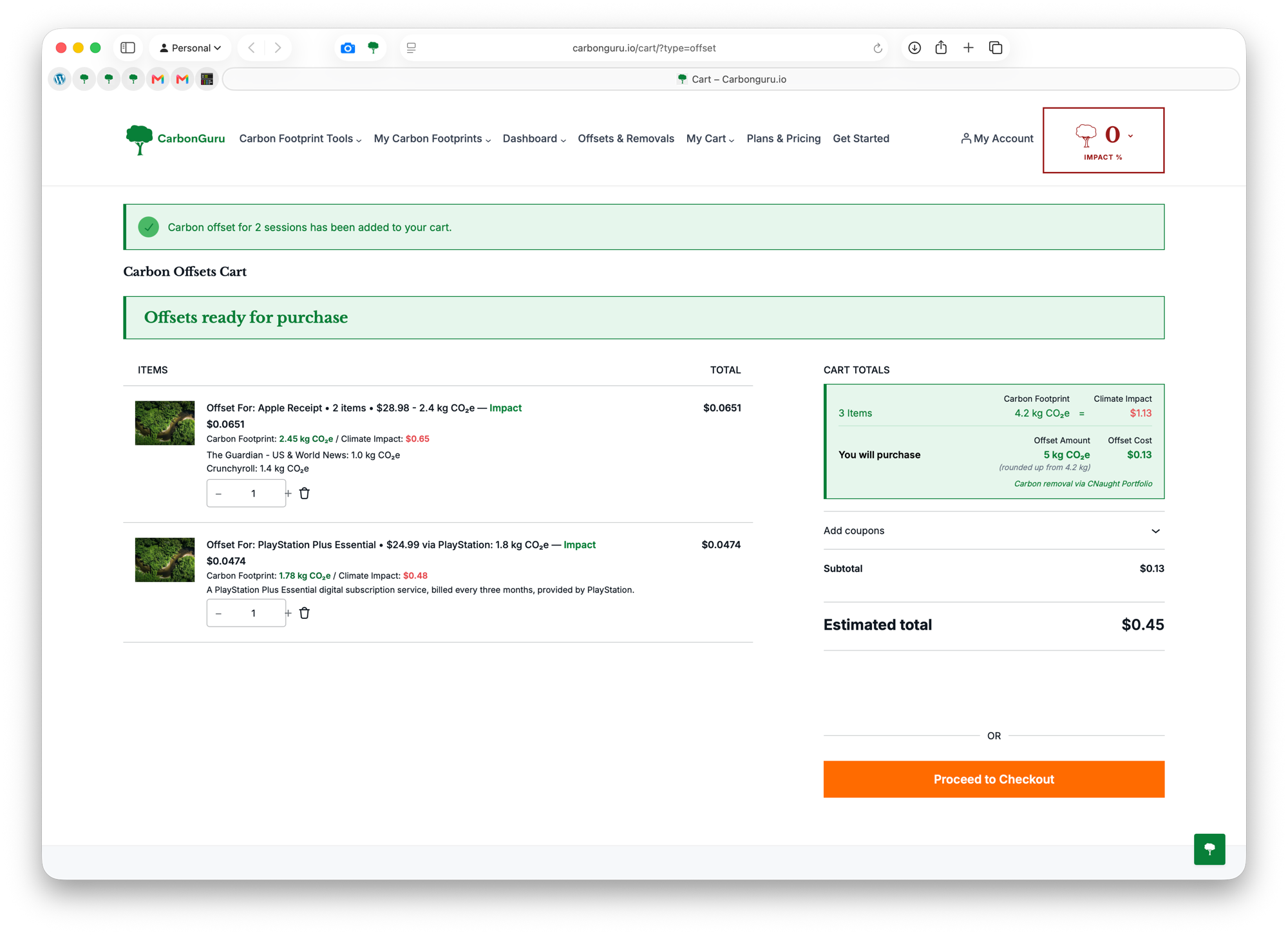 CarbonGuru offsets cart populated from the email button: two offset line items with per-item footprints and climate impact, totaling 4.2 kg CO2e, purchasing 5 kg for <img loading=