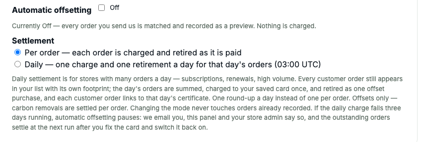 The daily settlement control in a CarbonGuru merchant account
