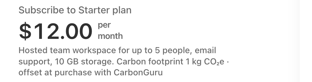 A Stripe hosted checkout showing carbon footprint 1 kg CO2e, offset at purchase with CarbonGuru