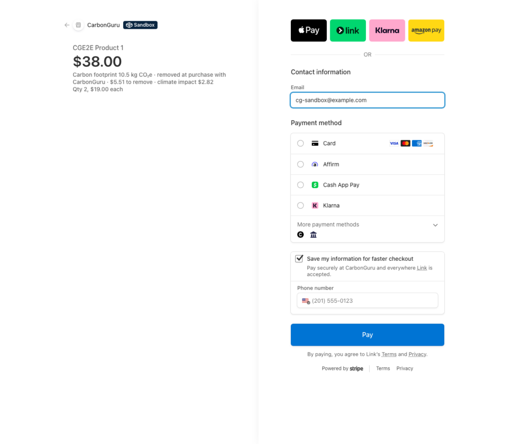 A Stripe Checkout page showing the product's carbon footprint line under the item