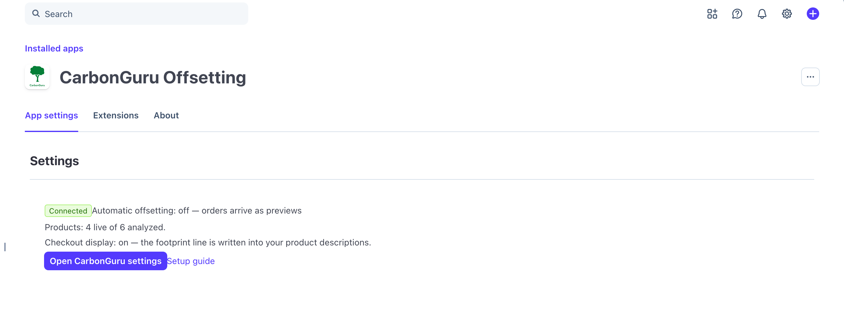 The CarbonGuru Offsetting settings view inside the Stripe Dashboard, showing Connected and four live products