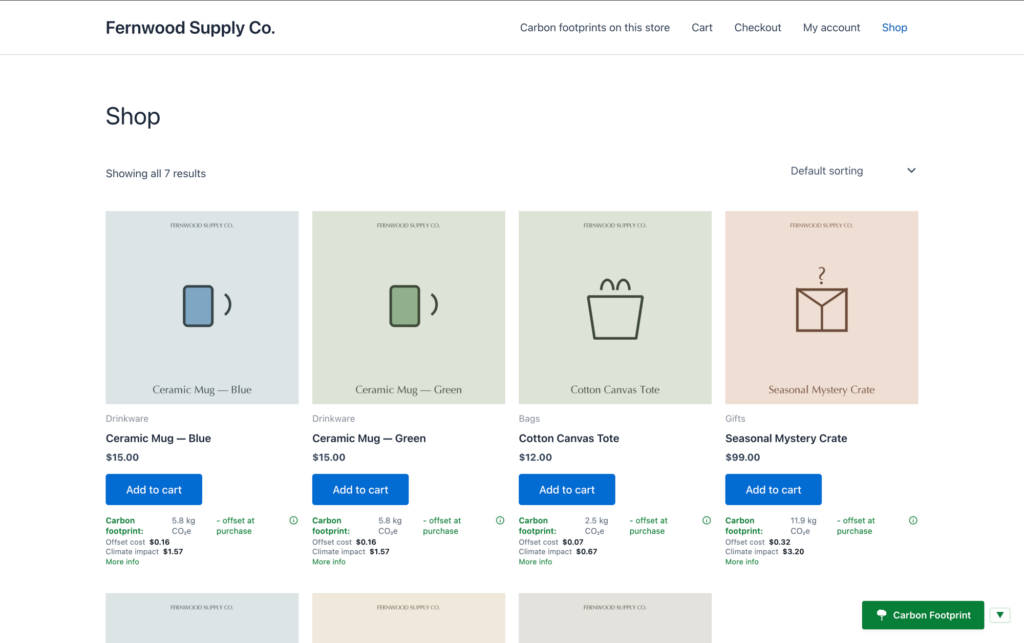 A WooCommerce shop page showing a carbon footprint tile under each product