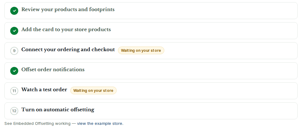 CarbonGuru panel setup steps: connect your ordering and checkout, offset order notifications, watch a test order, turn on automatic offsetting