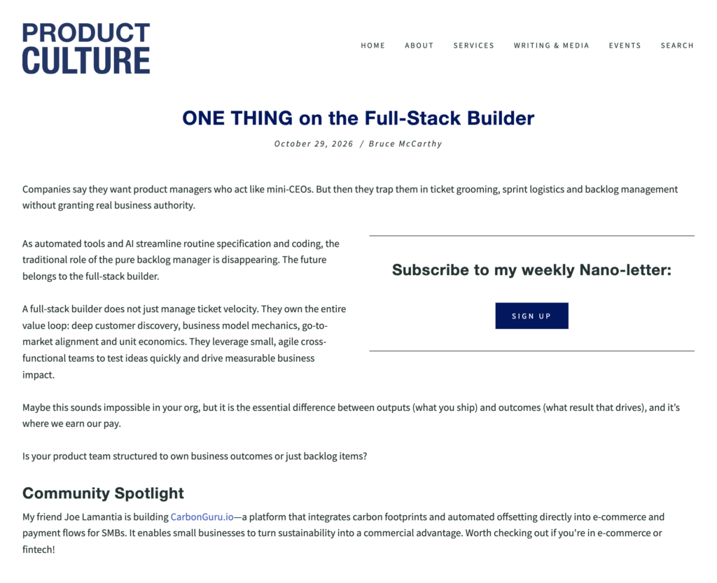 ONE THING on the Full-Stack Builder by Bruce McCarthy, October 29, 2026, with CarbonGuru in the Community Spotlight