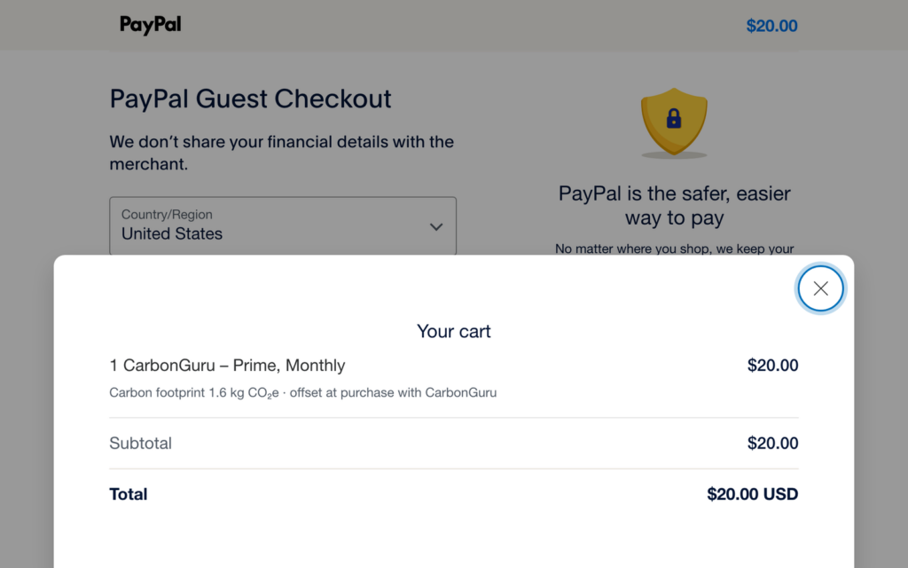 PayPal Checkout cart with a carbon footprint line under the item, offset at purchase with CarbonGuru