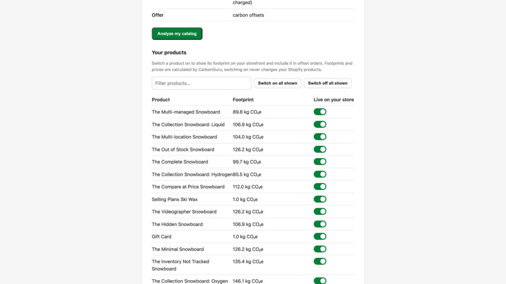 Shopify admin showing the CarbonGuru Offsetting app with an Analyze my catalog button and a product list with footprints and live switches